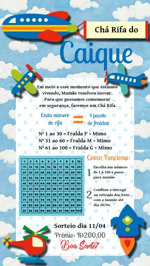 Convite Chá Rifa Aviões Editável Online para Enviar