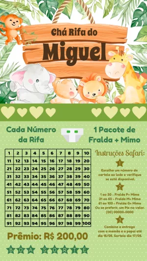 Convite Chá Rifa Safari com Animais para Editar Online