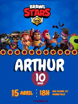 Convite de Aniversário Brawl Stars com Personagens para Editar