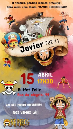 Convite de Aniversário One Piece com Piratas para Editar Online