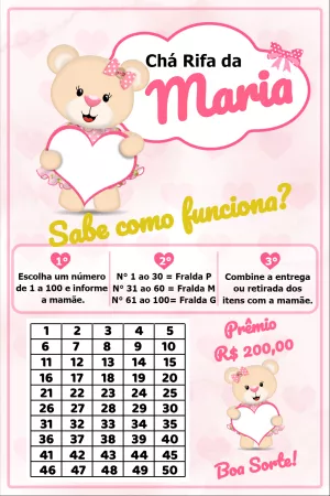 Convite Chá Rifa Ursinha Princesa para Editar e Imprimir