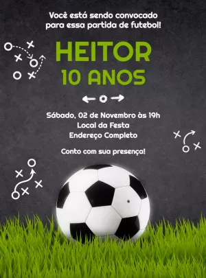 Convite de Aniversário Futebol Editável com Bola e Gramado
