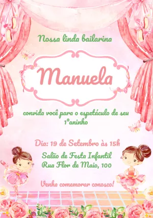 Convite Aniversário Bailarina Aquarela para Editar Online