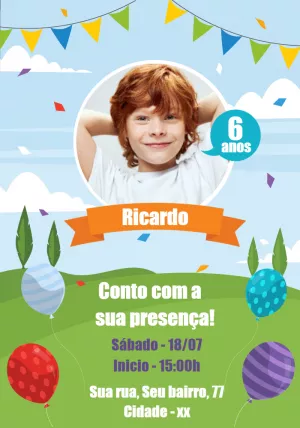 Convite de Aniversário Balões com Foto para Editar Online