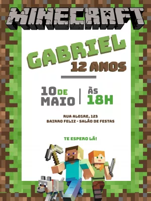 Convite Aniversário Minecraft com Personagens para Editar Online
