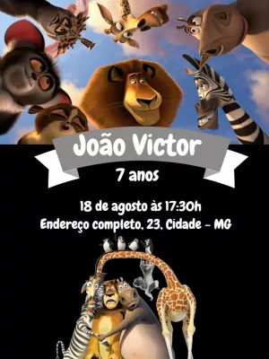 Convite de Aniversário Madagascar com Personagens para Editar Online