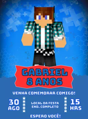Convite de Aniversário Minecraft com Skin de Menino para Editar