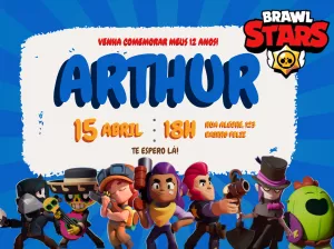 Convite de Aniversário Brawl Stars com Personagens para Editar