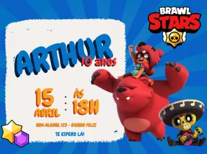 Convite Aniversário Brawl Stars com Personagens para Editar Online