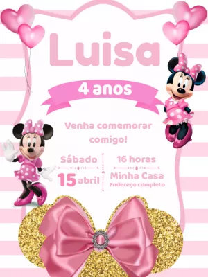 Convite Aniversário Minnie Rosa para Editar e Imprimir