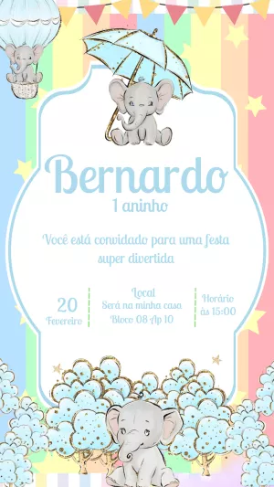 Convite Aniversário Elefantinho Fofo para Editar Online