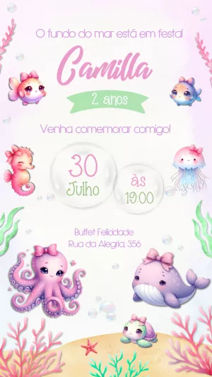 Convite Aniversário Fundo do Mar com Animais para Editar Online