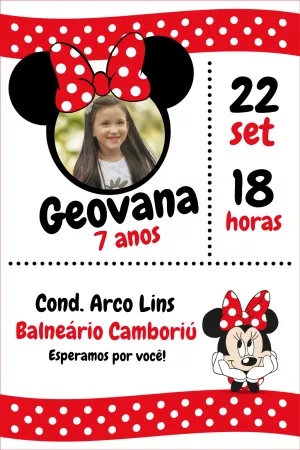 Convite Aniversário Minnie Mouse com Foto para Editar Online