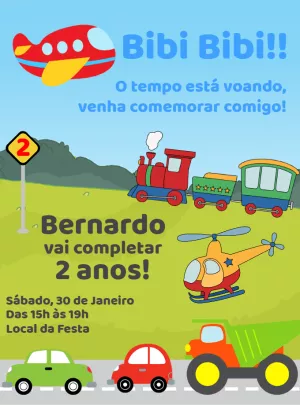 Convite Aniversário Meios de Transporte Infantil para Editar Online