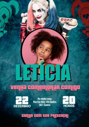Convite de Aniversário Arlequina com Foto para Editar Online