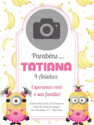 Convite de Aniversário Minions Rosa com Foto para Editar Online