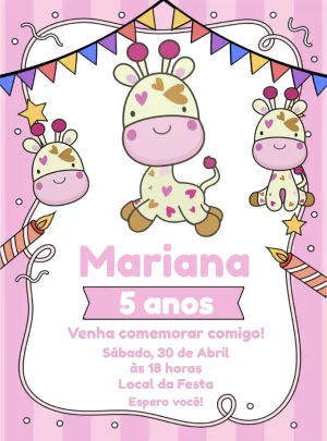 Convite Aniversário Girafinha Rosa para Editar Online