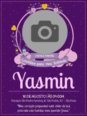 Convite de Batizado Roxo com Foto para Editar Online