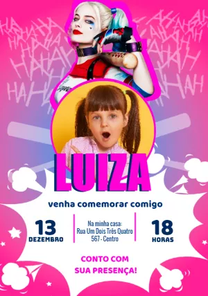 Convite Aniversário Arlequina com Foto para Editar Online
