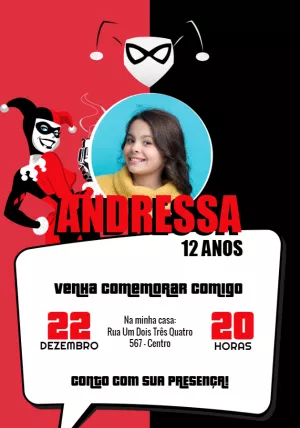 Convite Aniversário Arlequina com Foto para Editar Online