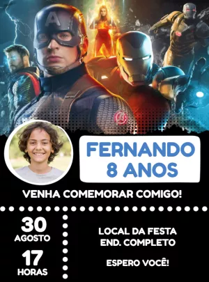 Convite Aniversário Vingadores com Foto para Editar Online