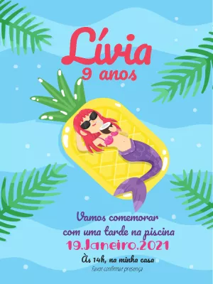 Convite Aniversário Sereia na Piscina para Editar Online