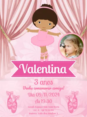 Convite Aniversário Bailarina Morena com Foto para Editar Online