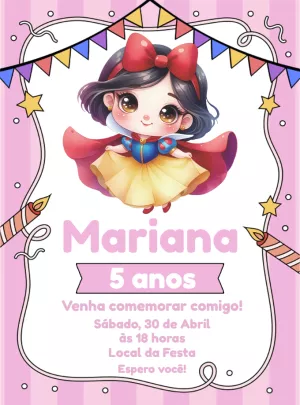 Convite Aniversário Branca de Neve Fofa para Editar Online