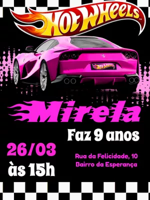 Convite Aniversário Hot Wheels Rosa para Editar Online
