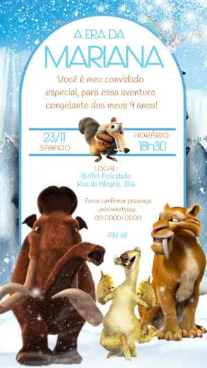 Convite de Aniversário A Era do Gelo com Personagens para Editar