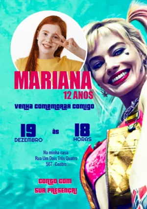 Convite Aniversário Arlequina com Foto para Editar Online