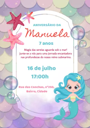 Convite de Aniversário Sereia Fundo do Mar para Editar Online