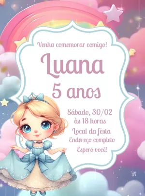 Convite de Aniversário Princesa Cinderela Editável Online