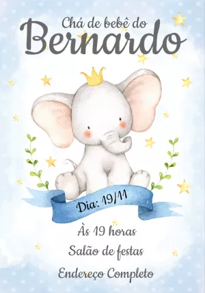 Convite Chá de Bebê Elefante Azul com Coroa para Editar