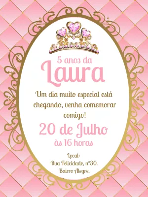 Convite Aniversário Princesa Rosa e Dourado para Editar Online