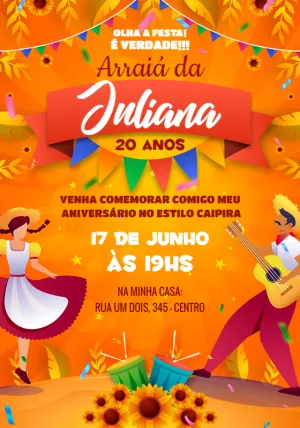 Convite de Aniversário Festa Junina com Personagens para Editar