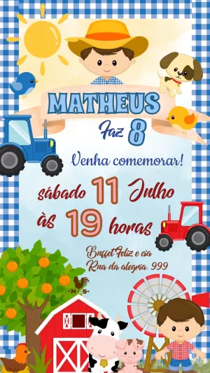 Convite Aniversário Fazendinha Menino com Trator para Editar