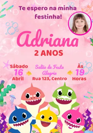 Convite Aniversário Baby Shark Rosa com Foto para Editar