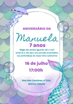 Convite Aniversário Sereia Fundo do Mar para Editar Online