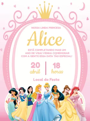 Convite de Aniversário Princesas Disney para Editar Online