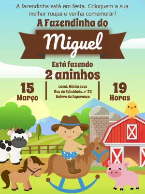 Convite de Aniversário Fazendinha com Animais para Editar Online