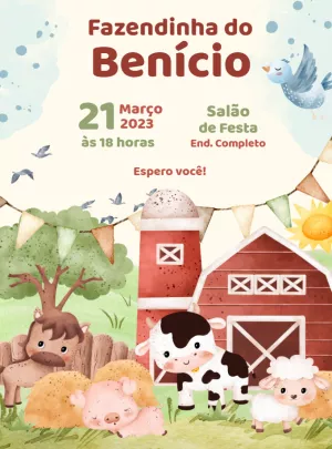 Convite de Aniversário Fazendinha com Bichinhos para Editar