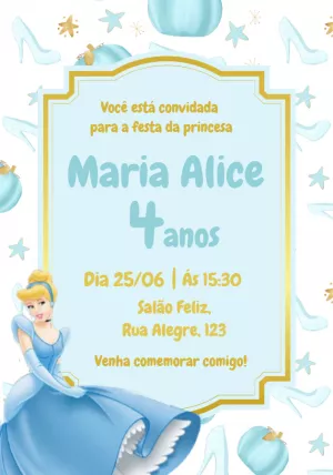 Convite Aniversário Cinderela para Editar Online