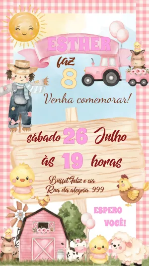 Convite Aniversário Fazendinha Rosa Aquarela para Editar