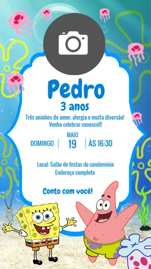 Convite Aniversário Bob Esponja com Foto para Editar Online