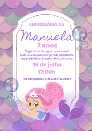 Convite de Aniversário Sereia Fundo do Mar para Editar Online