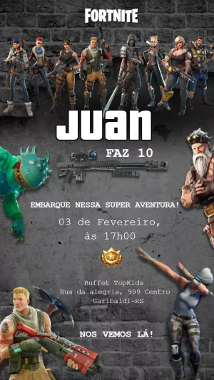 Convite de Aniversário Fortnite com Personagens para Editar