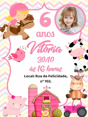 Convite Aniversário Fazendinha Rosa com Foto para Editar
