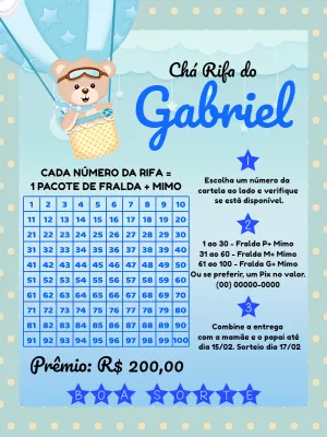 Convite Chá Rifa Ursinho Baloeiro para Editar Online