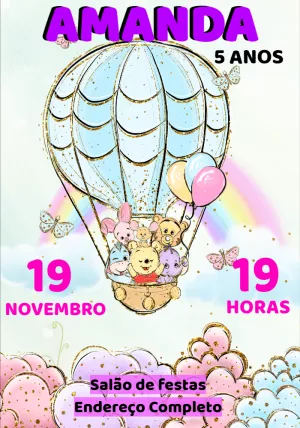 Convite Aniversário Ursinho Pooh Baby no Balão para Editar